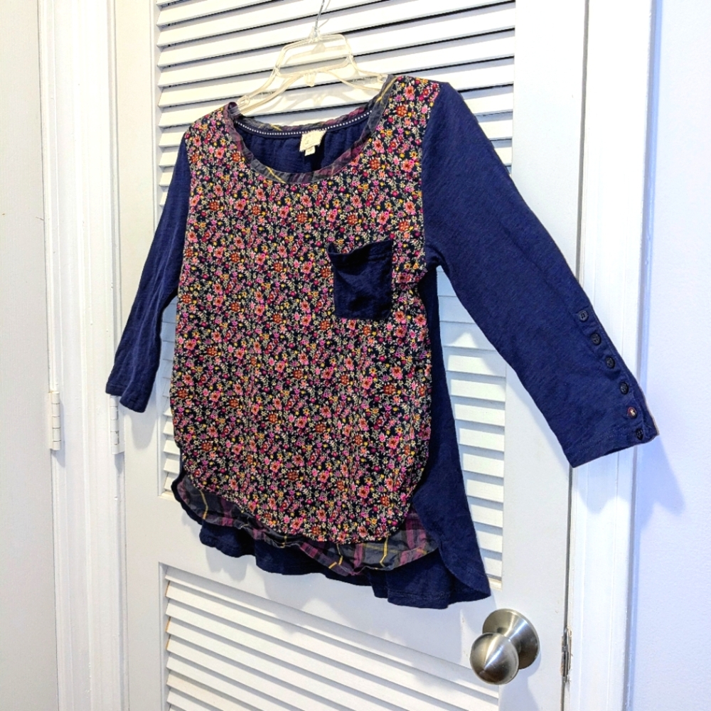 Anthropologie Postmark Women's Navy Pink Floral Plaid Stretchy Boho Top Sz Small - Picture 2 of 11